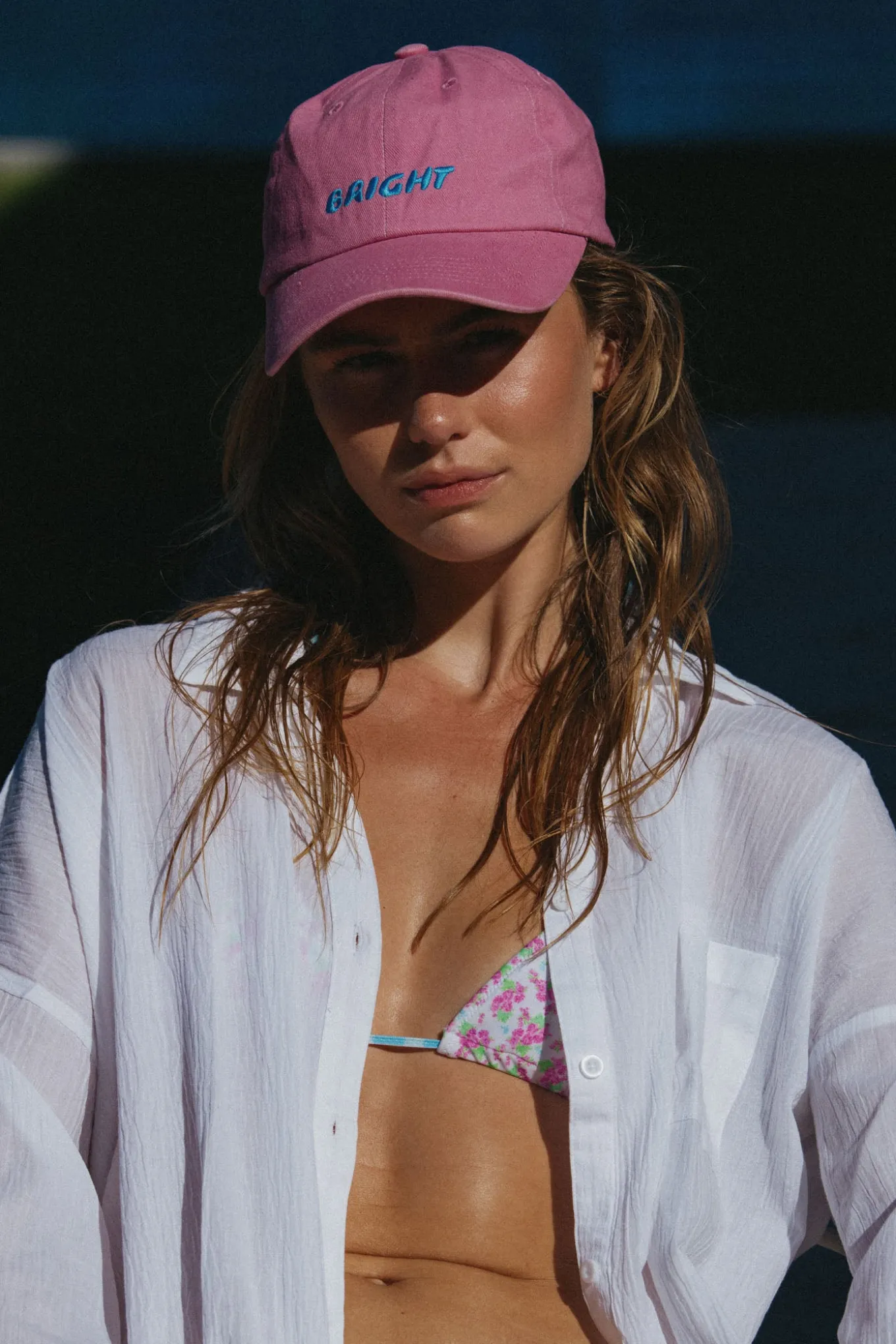 Bright Swimwear Hats>BRIGHT CAP (PINK WASHED WITH BLUE LOGO)