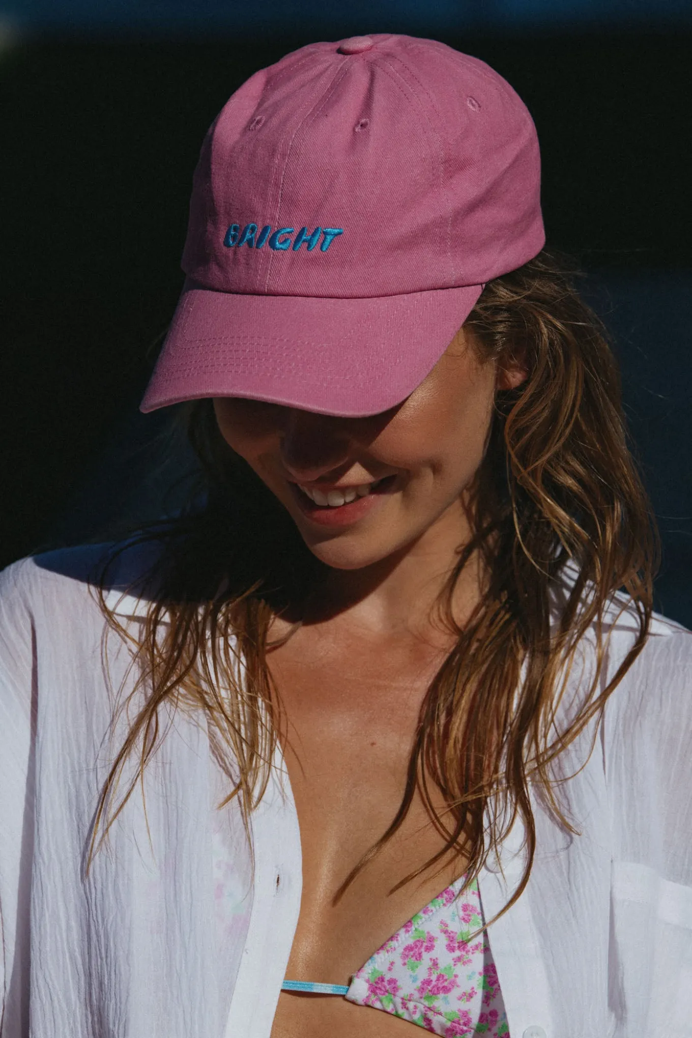 Bright Swimwear Hats>BRIGHT CAP (PINK WASHED WITH BLUE LOGO)